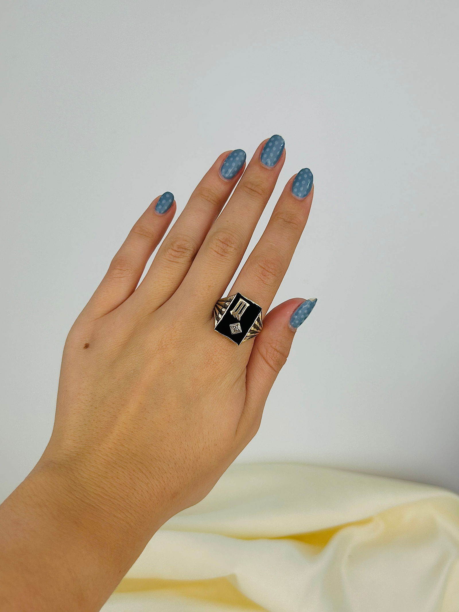 Antique Onyx and Diamond 'M' or 'W' Initial Signet Ring in 9ct Gold - 9