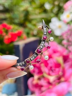 Antique Boxed Silver and Gold Ruby, Diamond and Pearl Lavalier Brooch - 10