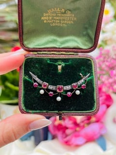 Antique Boxed Silver and Gold Ruby, Diamond and Pearl Lavalier Brooch - 11
