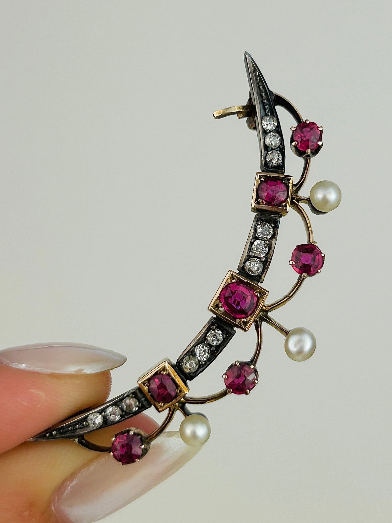 Antique Boxed Silver and Gold Ruby, Diamond and Pearl Lavalier Brooch - 3