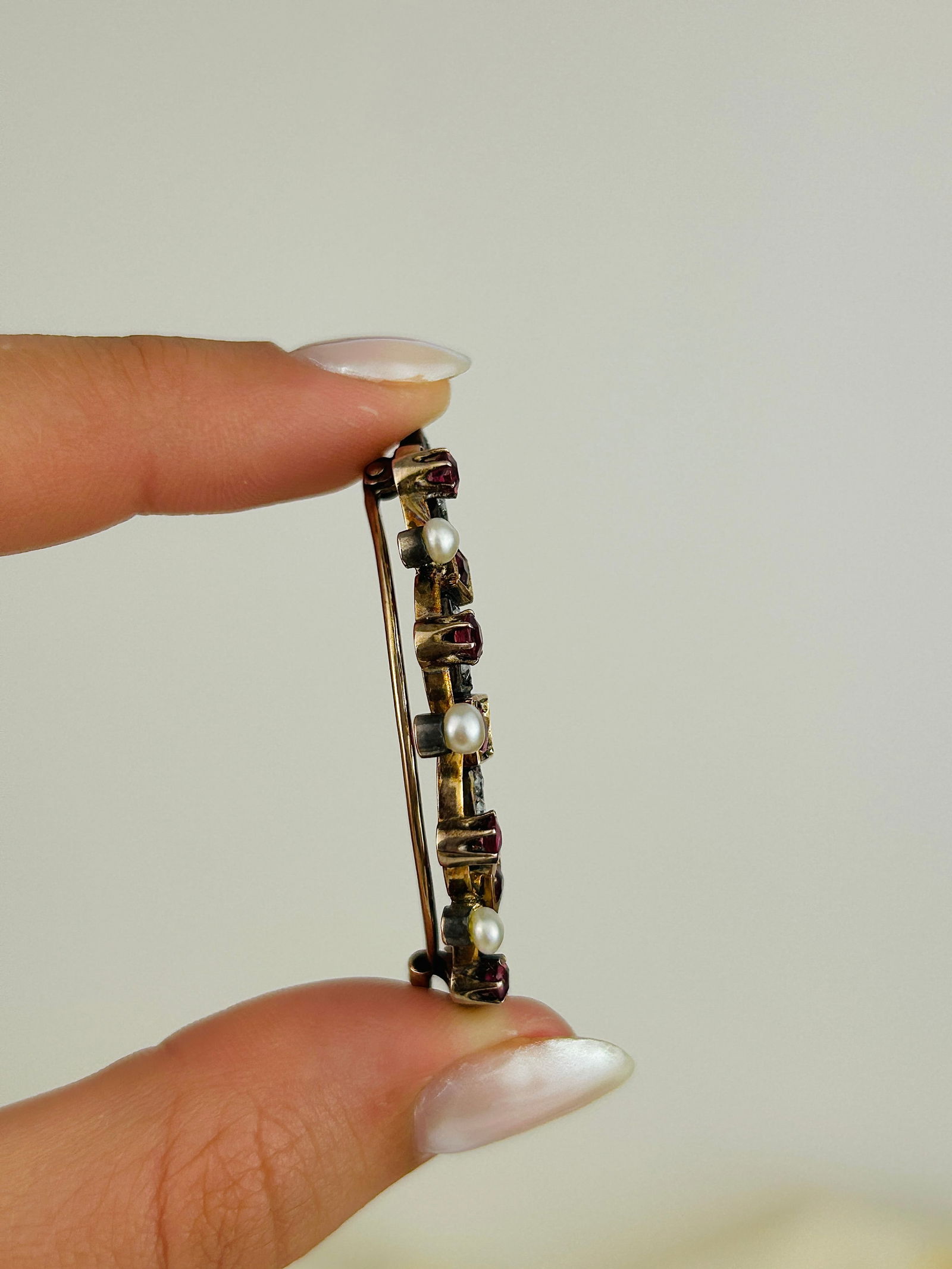Antique Boxed Silver and Gold Ruby, Diamond and Pearl Lavalier Brooch - 4