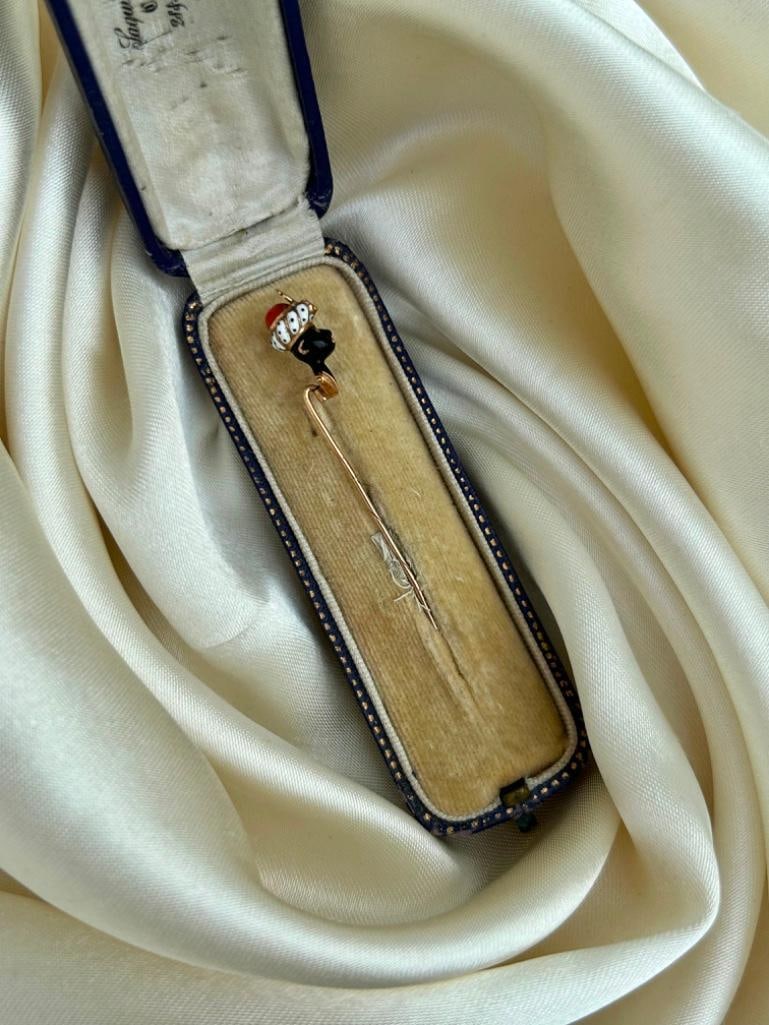 Antique Boxed Blackamoor Enamel Stick Pin Brooch - 2