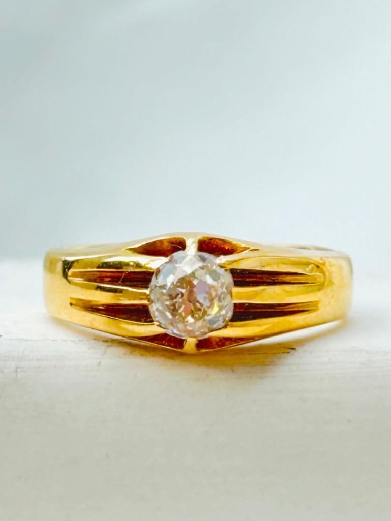 *Antique 18ct Yellow Gold Chunky 60pts Diamond OMC Buttercup / Belcher Ring - 3