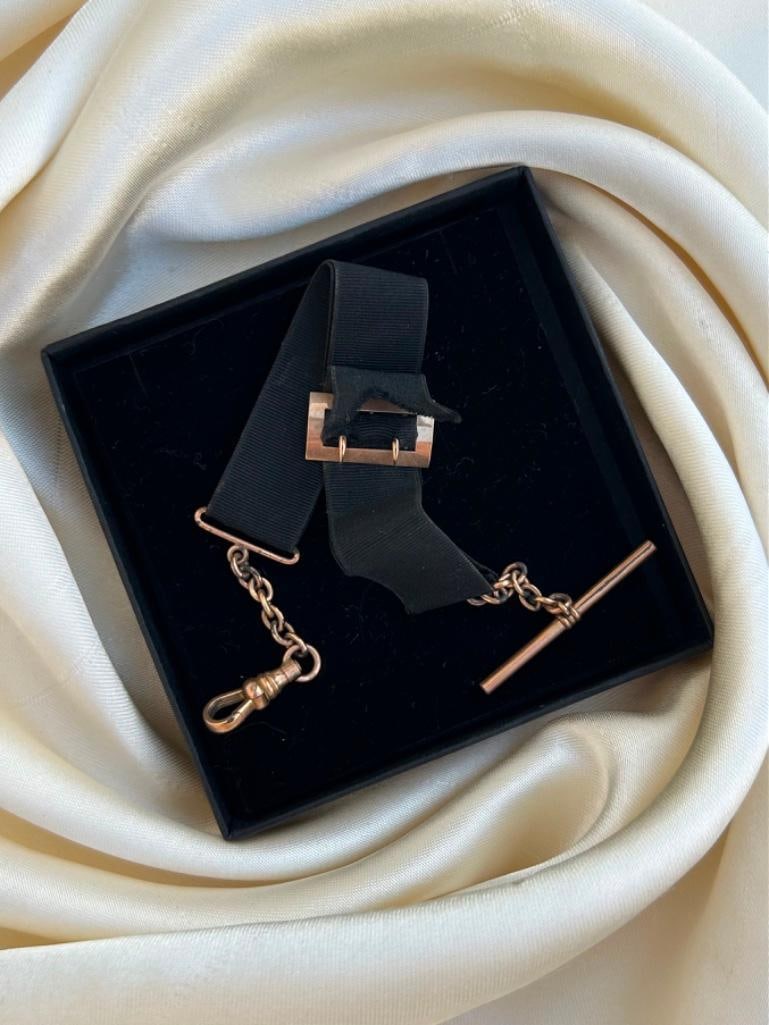 Antique Rolled Gold Grosgrain Bracelet with Dog Clip Clasp and TBar - 2