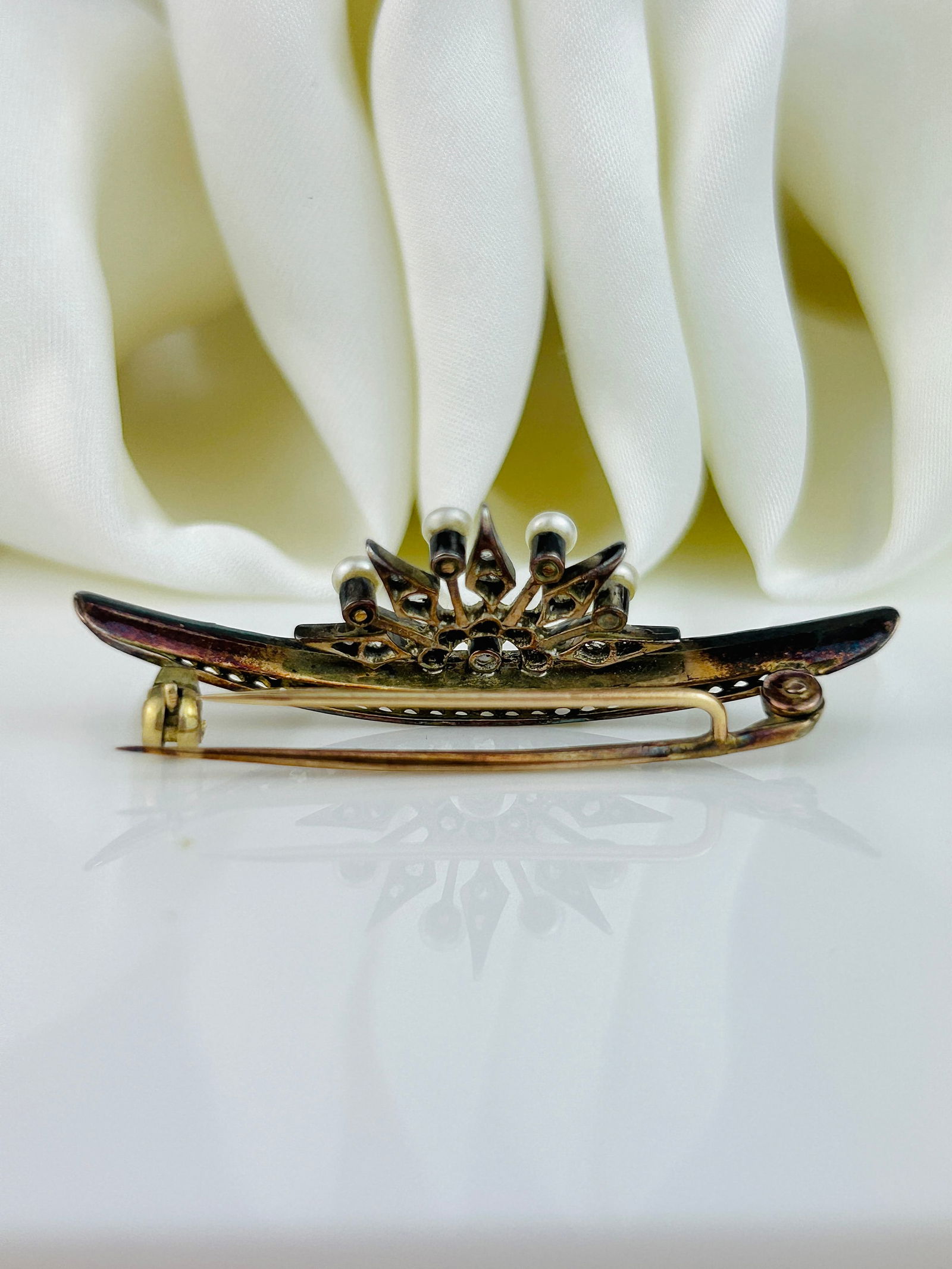 Antique Victorian Old Cut Diamond and Pearl Crescent Moon and Star Brooch - 2