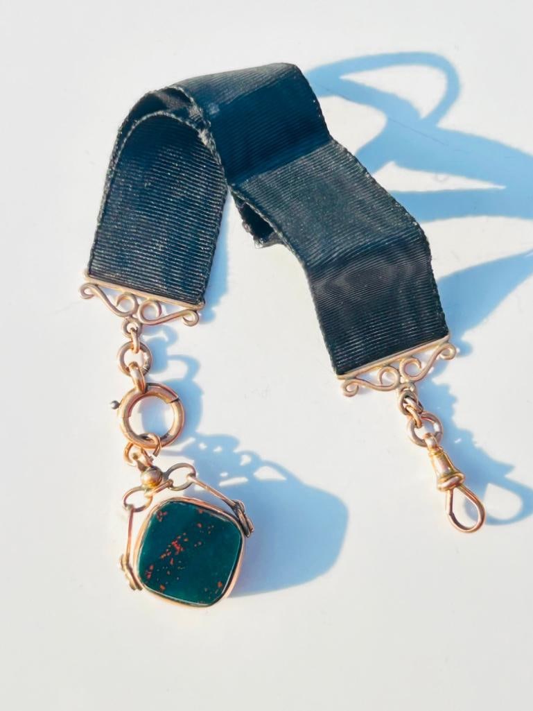 Amazing Antique Grosgrain Bracelet with 9ct Gold Dog Clip Bolt Ring and Fob Seal - 2