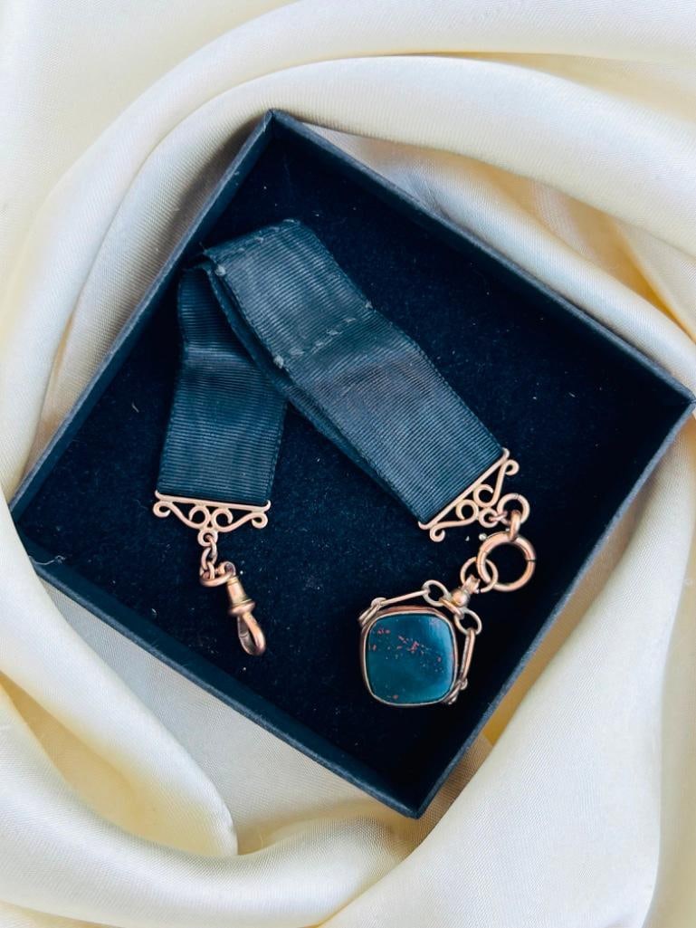 Amazing Antique Grosgrain Bracelet with 9ct Gold Dog Clip Bolt Ring and Fob Seal - 3