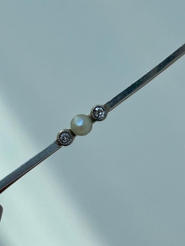 Antique 15ct Yellow Gold Diamond and Pearl Bar Brooch - 3