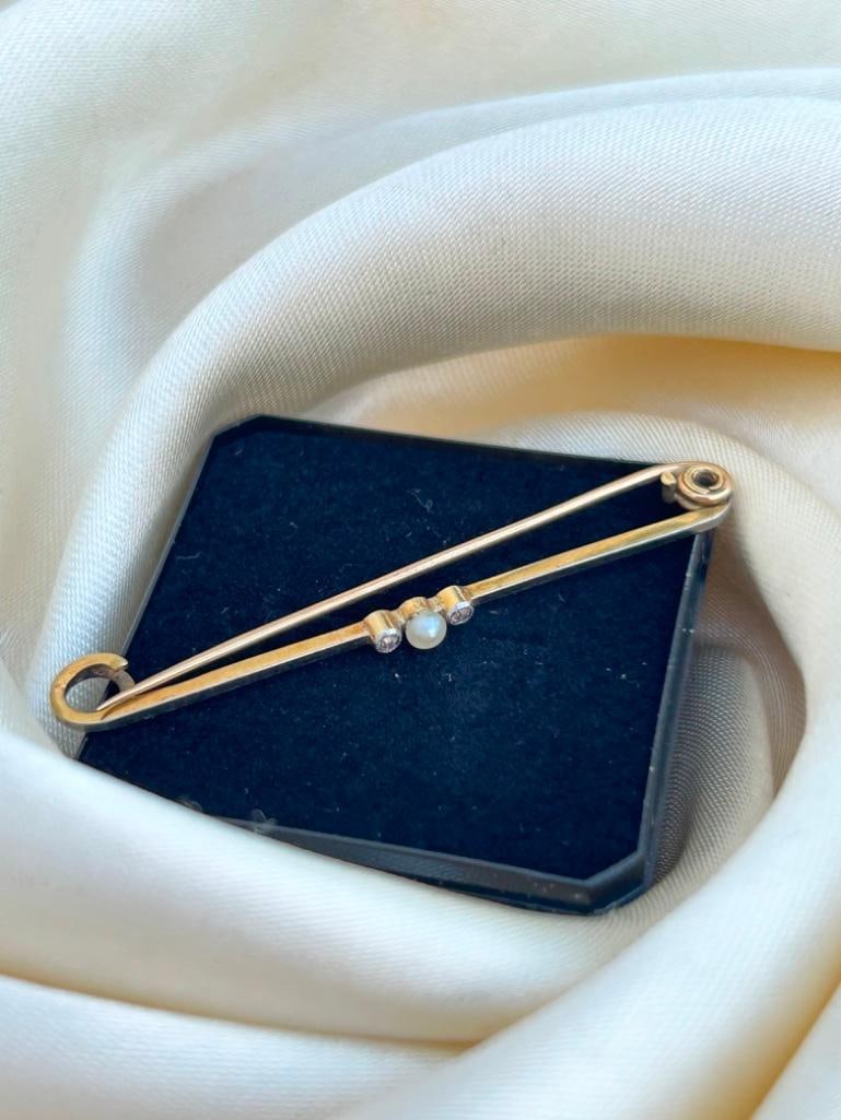 Antique 15ct Yellow Gold Diamond and Pearl Bar Brooch - 4