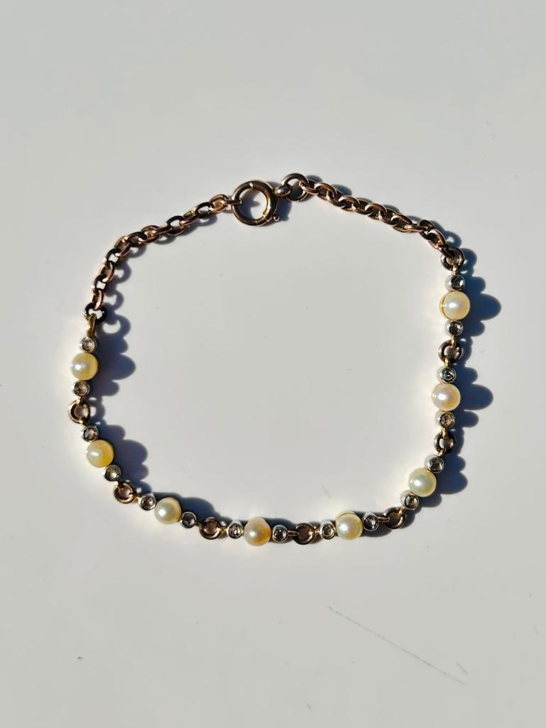 *Antique Gold and Diamond Pearl Bracelet: Antique Gold and Diamond Pearl Bracelet sweet and dainty bracelet measurements length 19cm width 3mm WEIGHT: 7.06g materials gold pearl an