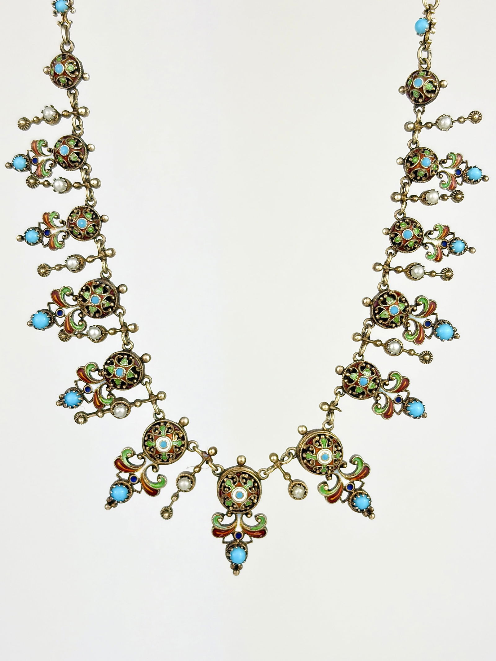 ANTIQUE RARE AUSTRO HUNGARIAN ENAMEL AND PEARL FRINGE NECKLACE: ANTIQUE RARE AUSTRO HUNGARIAN ENAMEL AND PEARL FRINGE NECKLACE Stunning detailed enamel work!