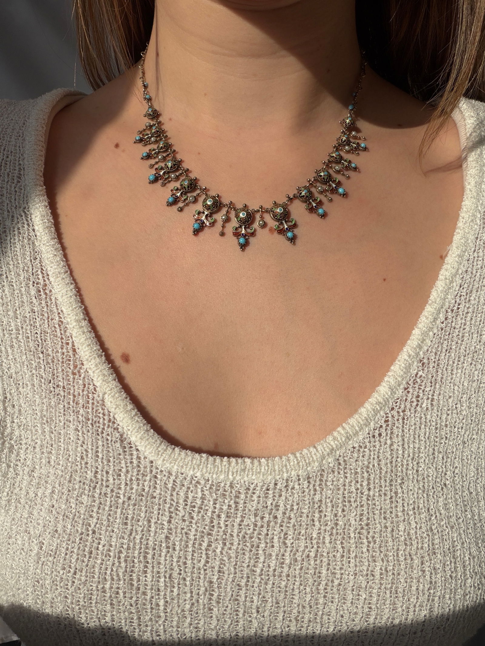 ANTIQUE RARE AUSTRO HUNGARIAN ENAMEL AND PEARL FRINGE NECKLACE - 2