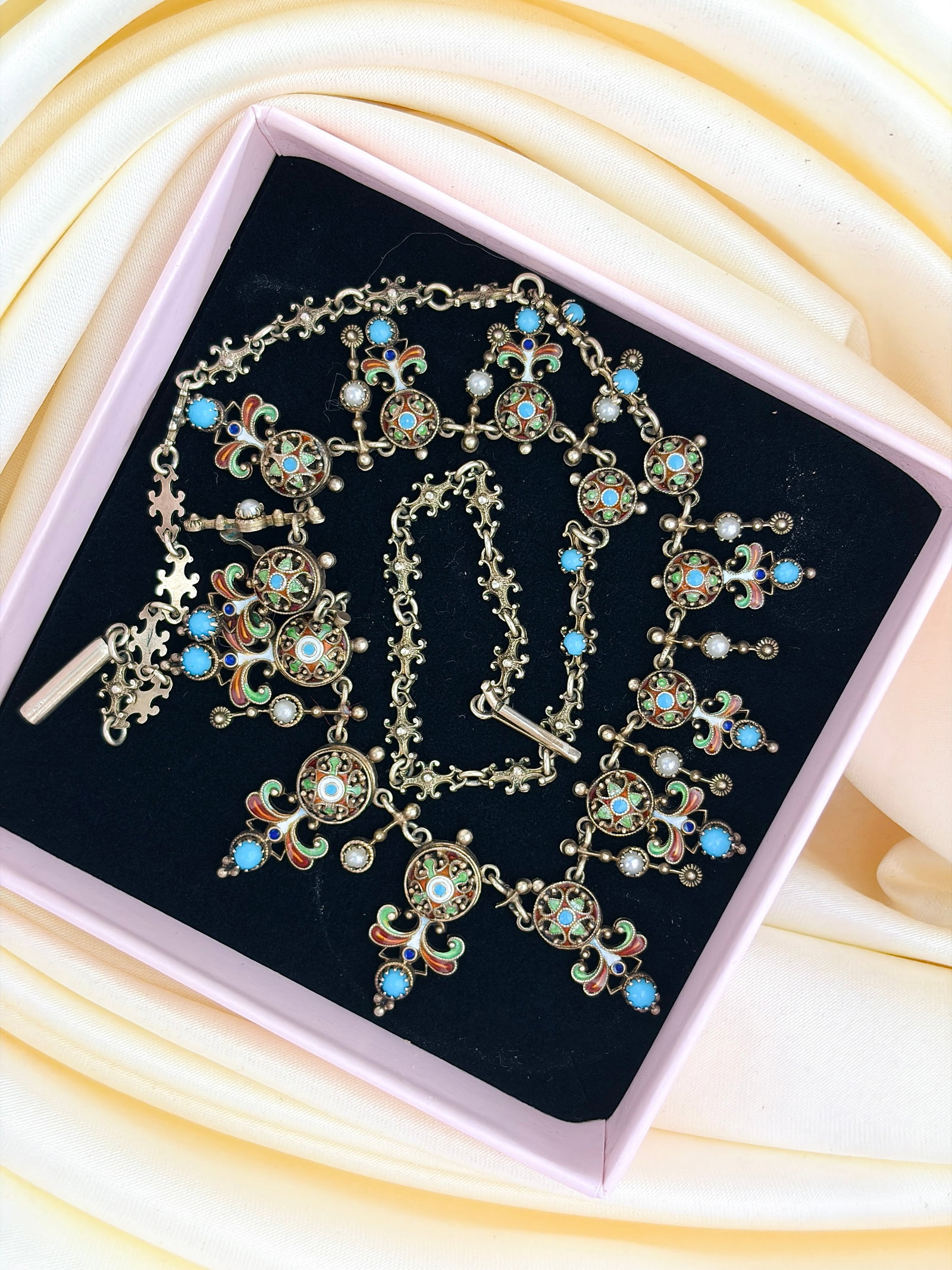 ANTIQUE RARE AUSTRO HUNGARIAN ENAMEL AND PEARL FRINGE NECKLACE - 8