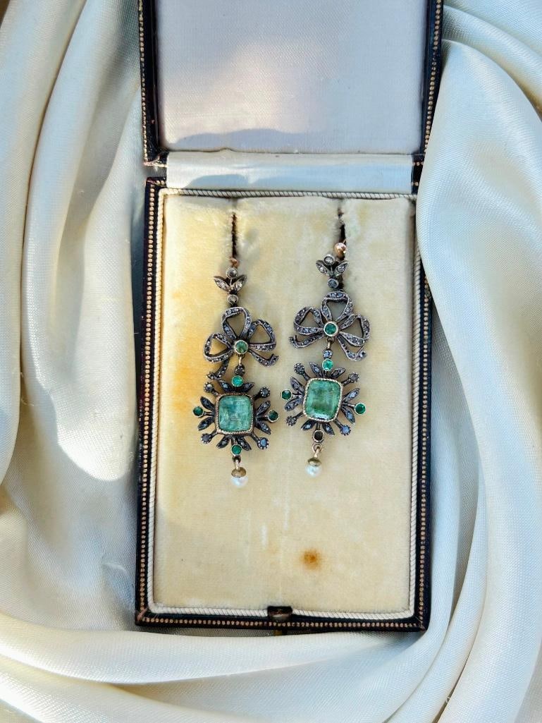 Antique Large Diamond Drop Earrings in Gold - Antique Fitted Box - 8