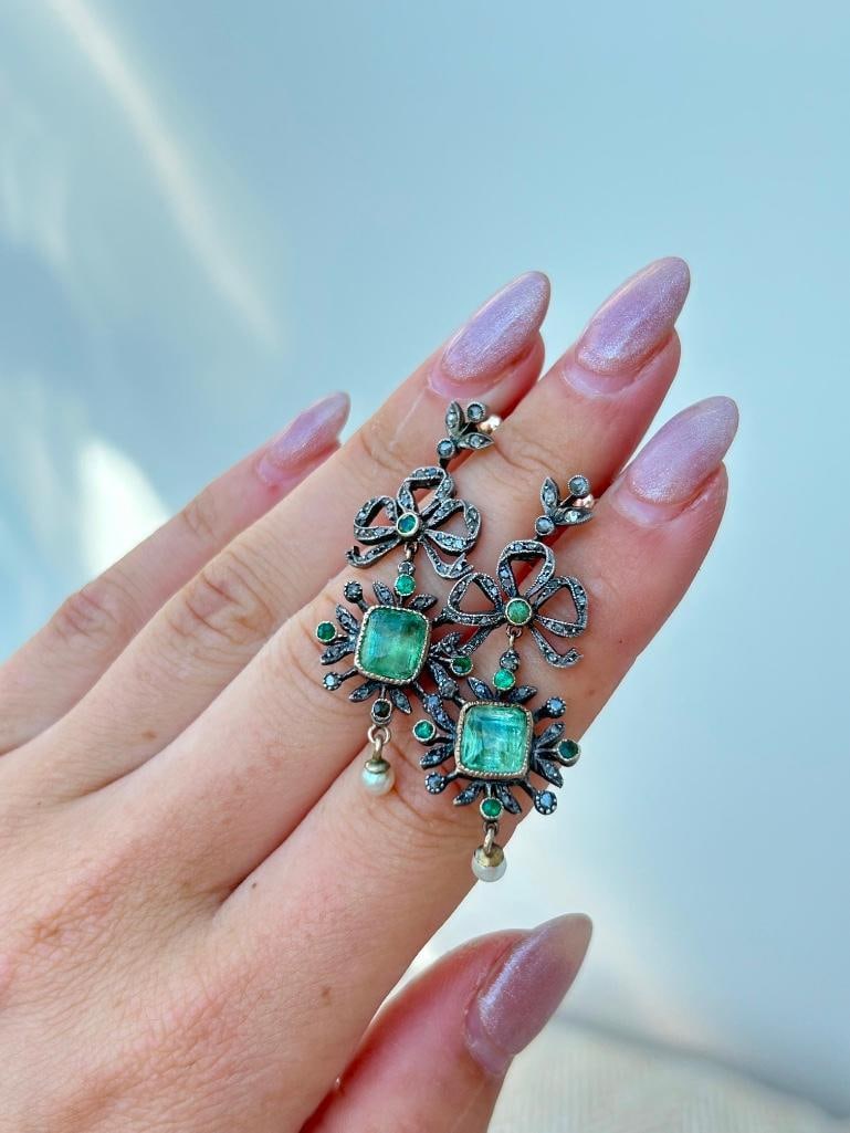 Antique Large Diamond Drop Earrings in Gold - Antique Fitted Box - 9