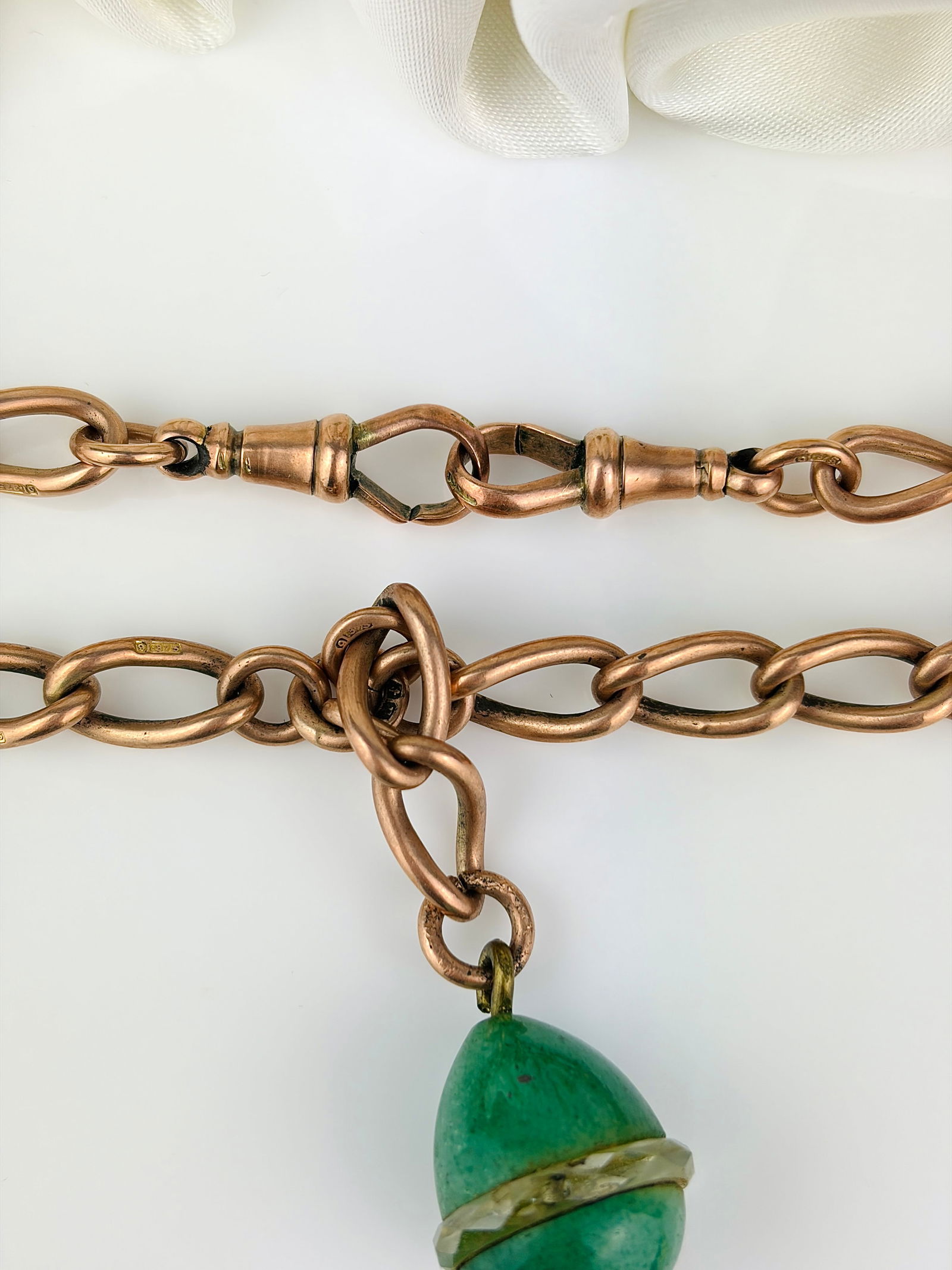 Antique heavy 9ct gold double Albert chain necklace with agate egg pendant and double dog clips - 2