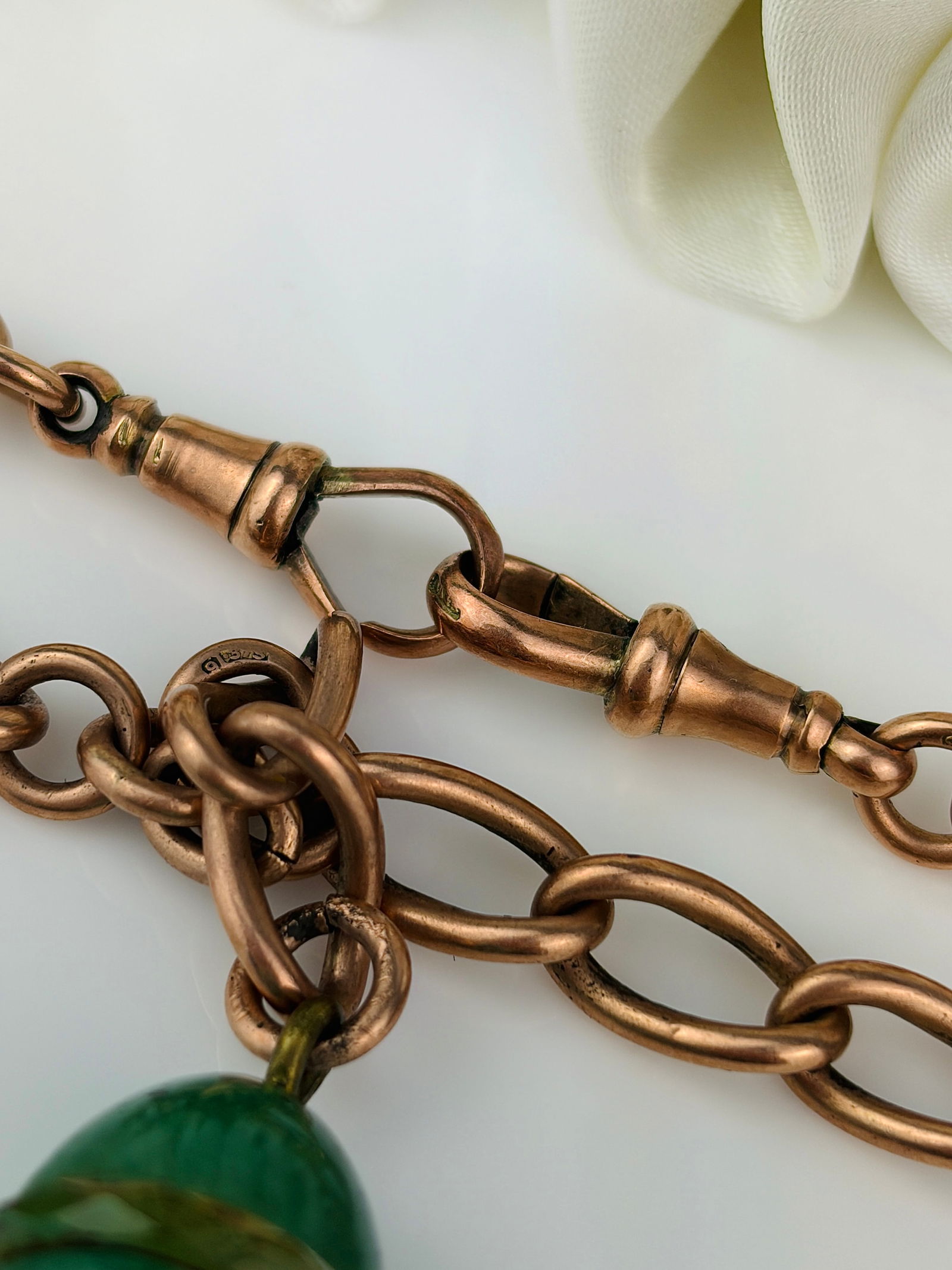 Antique heavy 9ct gold double Albert chain necklace with agate egg pendant and double dog clips - 4