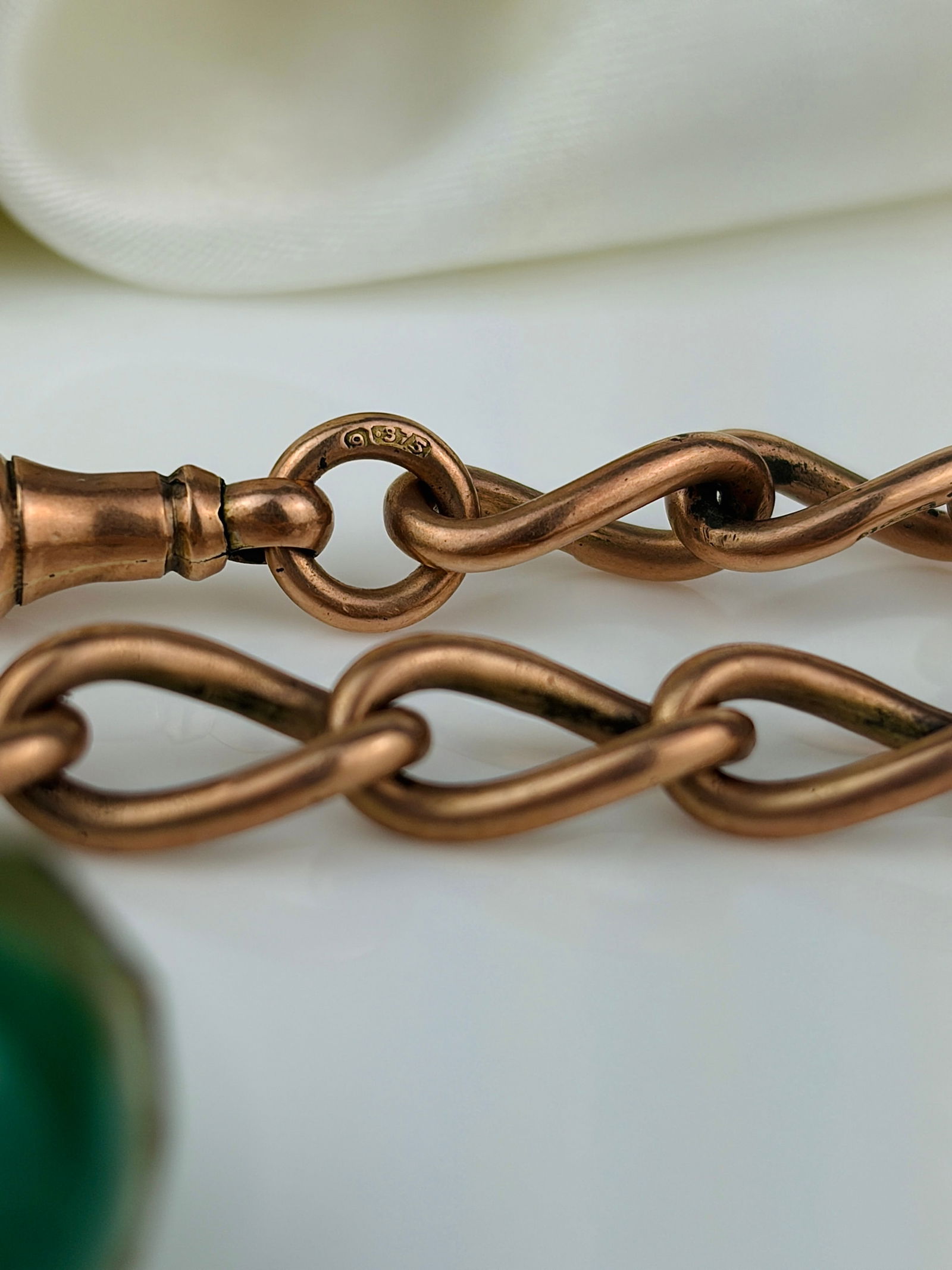 Antique heavy 9ct gold double Albert chain necklace with agate egg pendant and double dog clips - 5