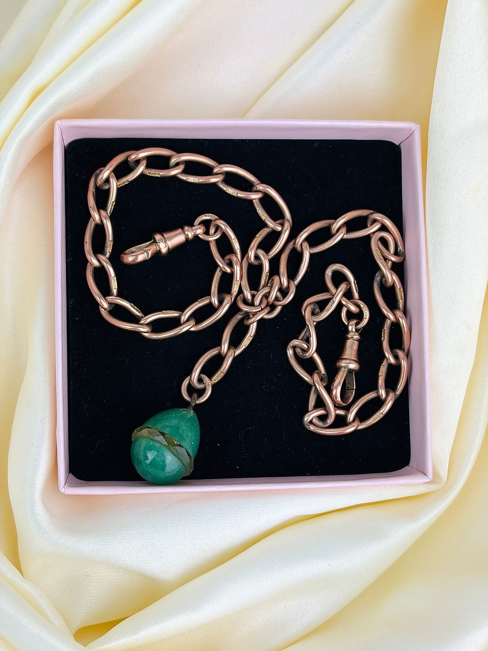 Antique heavy 9ct gold double Albert chain necklace with agate egg pendant and double dog clips - 6