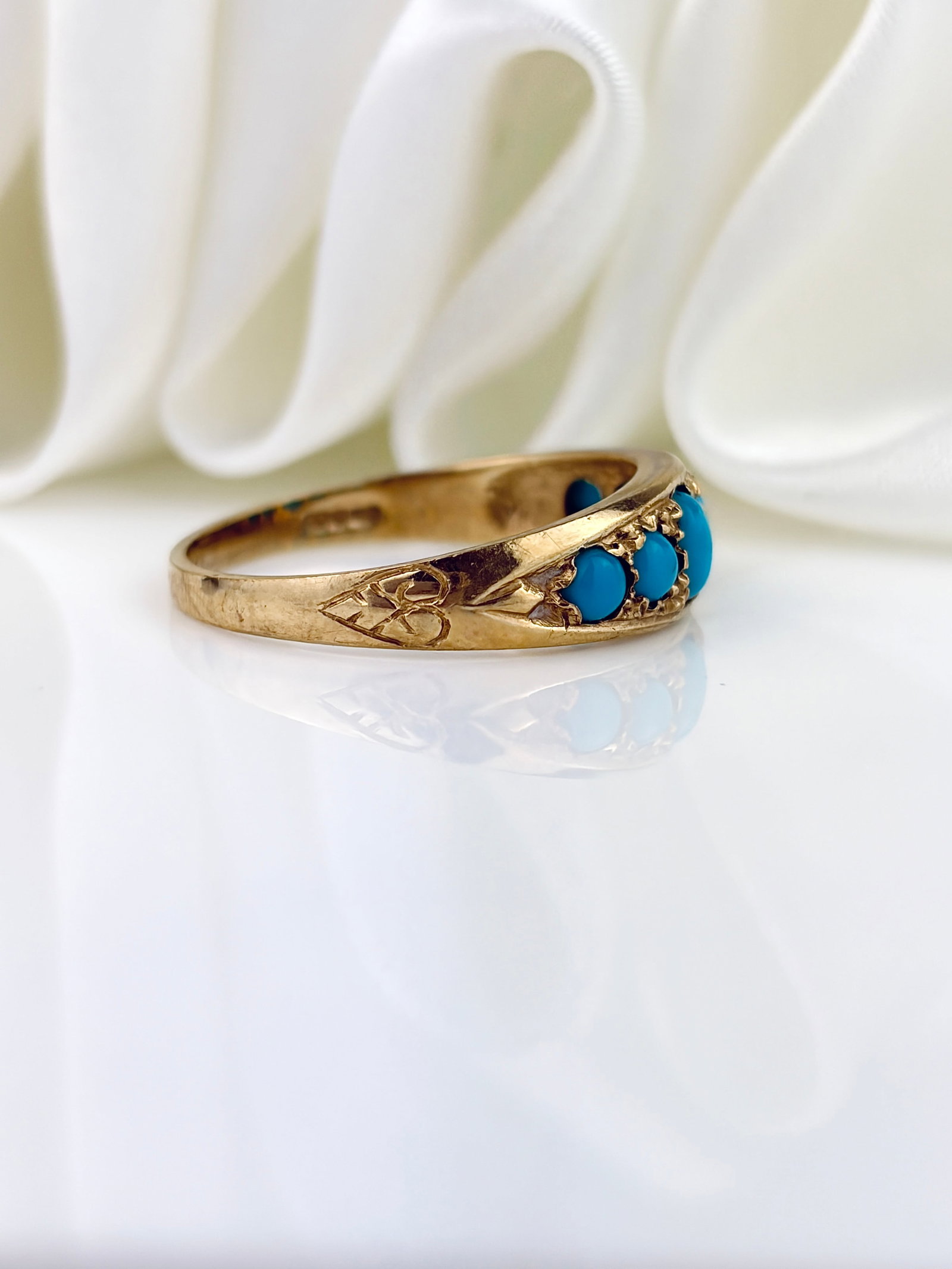 ANTIQUE 9CT YELLOW GOLD TURQUOISE HALF HOOP RING - 2
