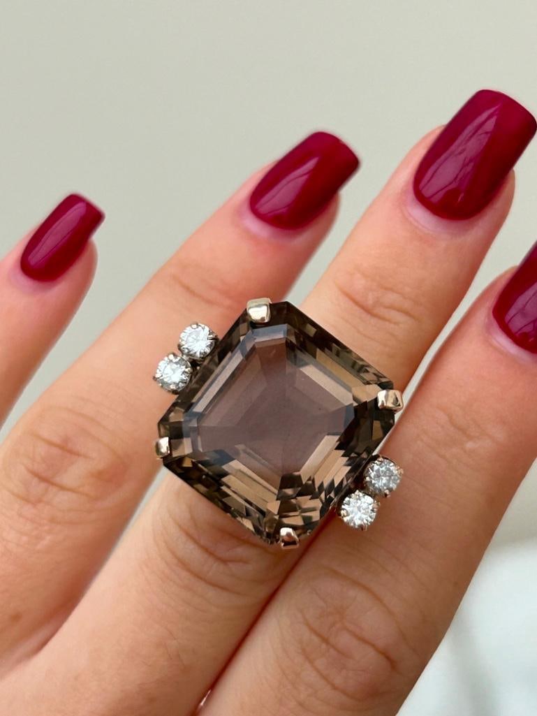 Huge 42 Carat Smokey Quartz and Diamond Cocktail Ring in 18ct Yellow Gold - 2