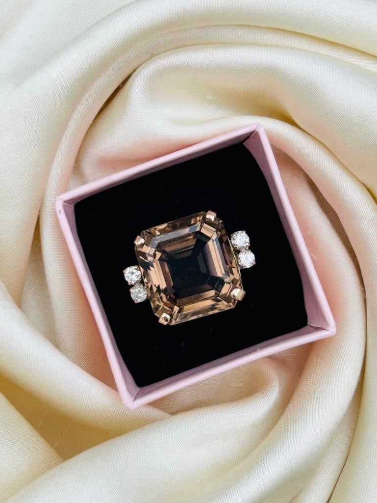 Huge 42 Carat Smokey Quartz and Diamond Cocktail Ring in 18ct Yellow Gold - 5