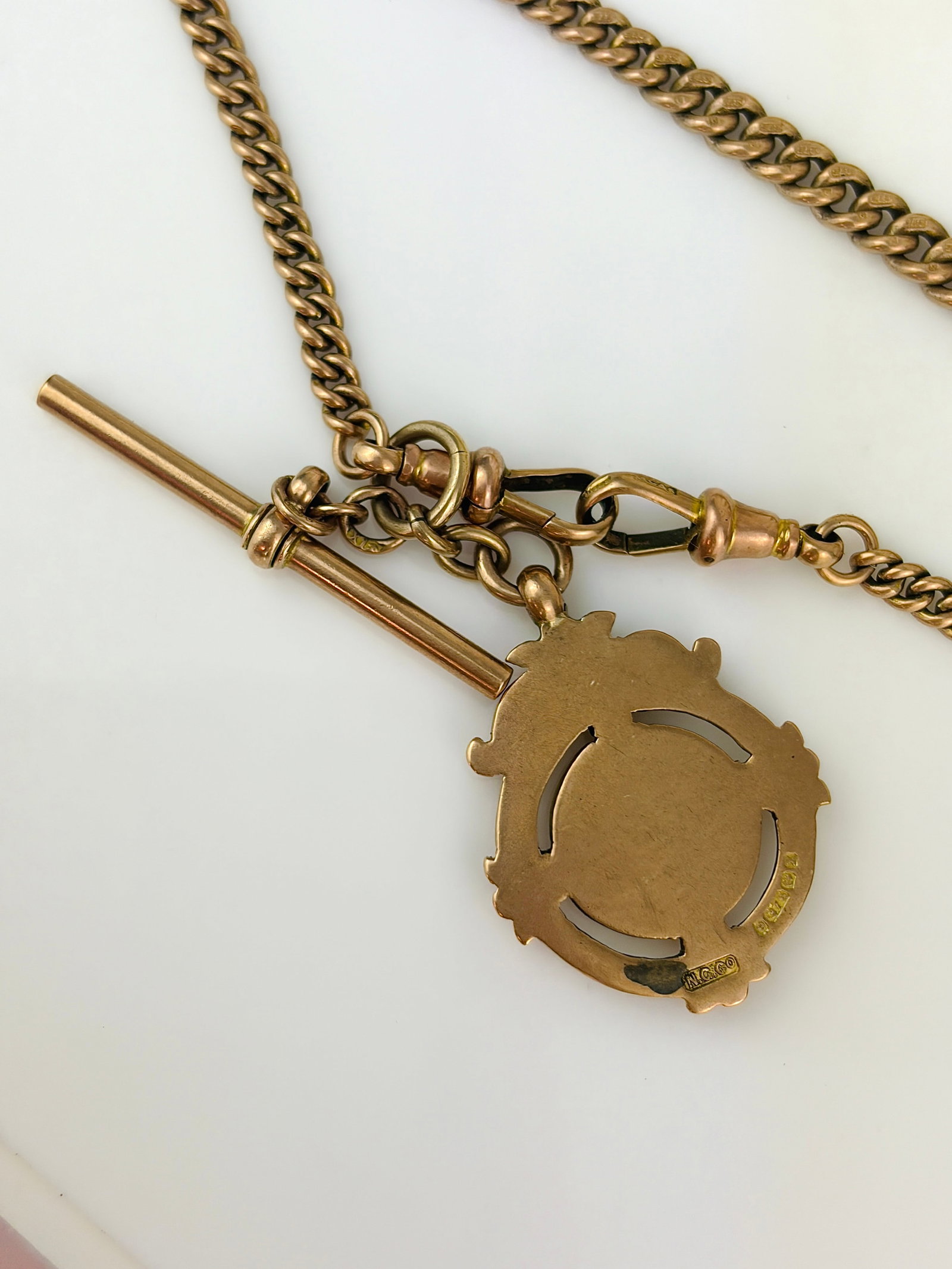 heavy antique 9ct yellow gold double Albert chain necklace with dog clips bar and medal pendant - 3