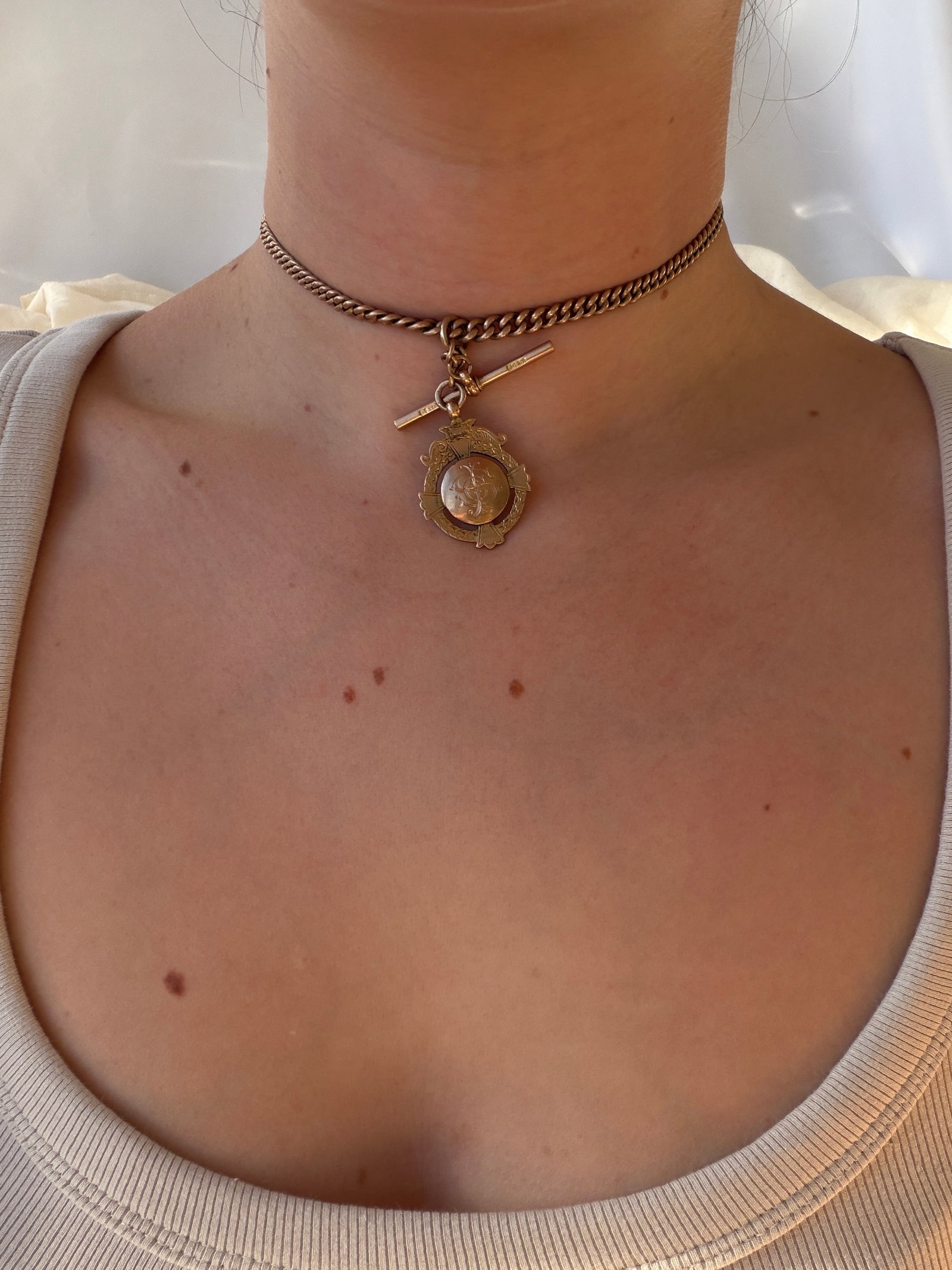 heavy antique 9ct yellow gold double Albert chain necklace with dog clips bar and medal pendant - 5