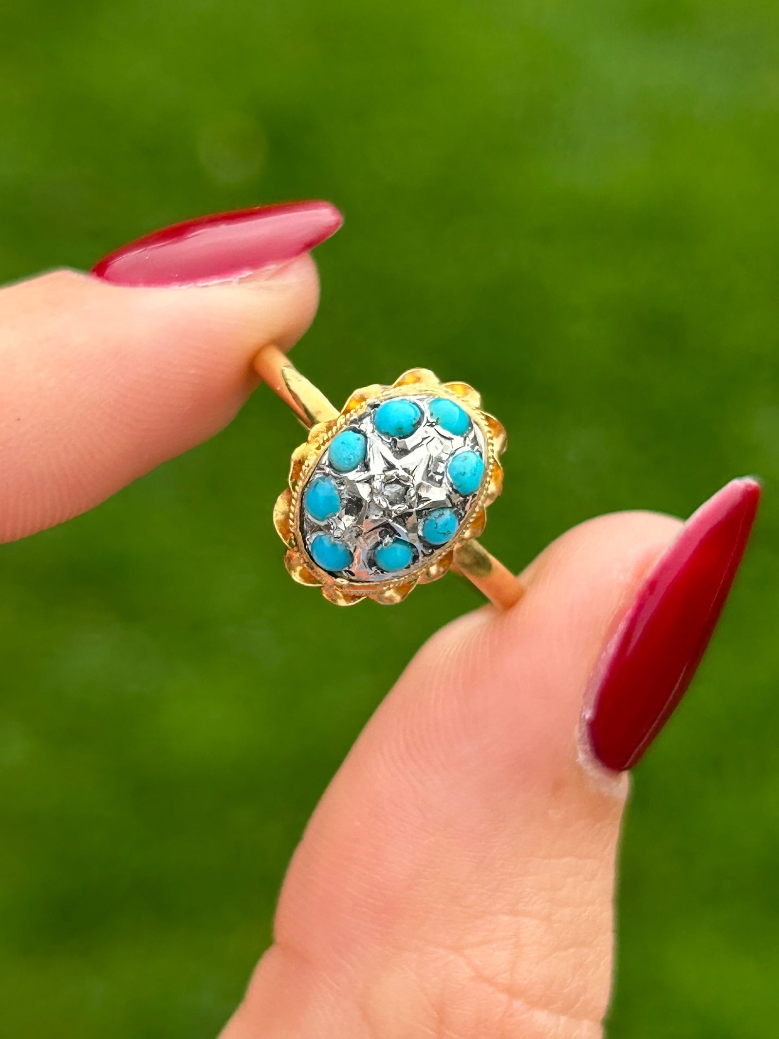 Antique Victorian Turquoise and Rose Cut Diamond Cluster Dome Ring in 15ct Gold - 10