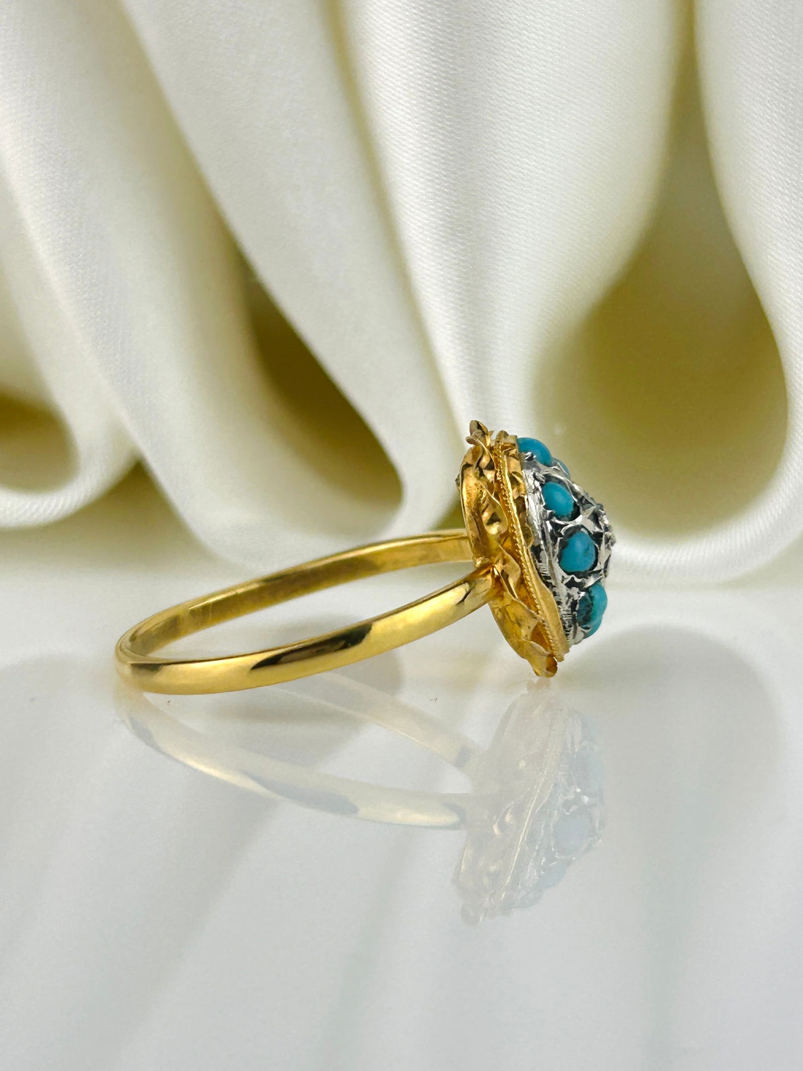 Antique Victorian Turquoise and Rose Cut Diamond Cluster Dome Ring in 15ct Gold - 2