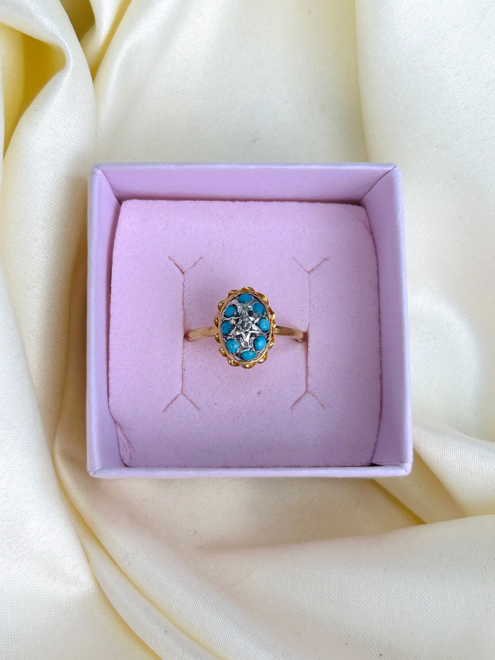 Antique Victorian Turquoise and Rose Cut Diamond Cluster Dome Ring in 15ct Gold - 7