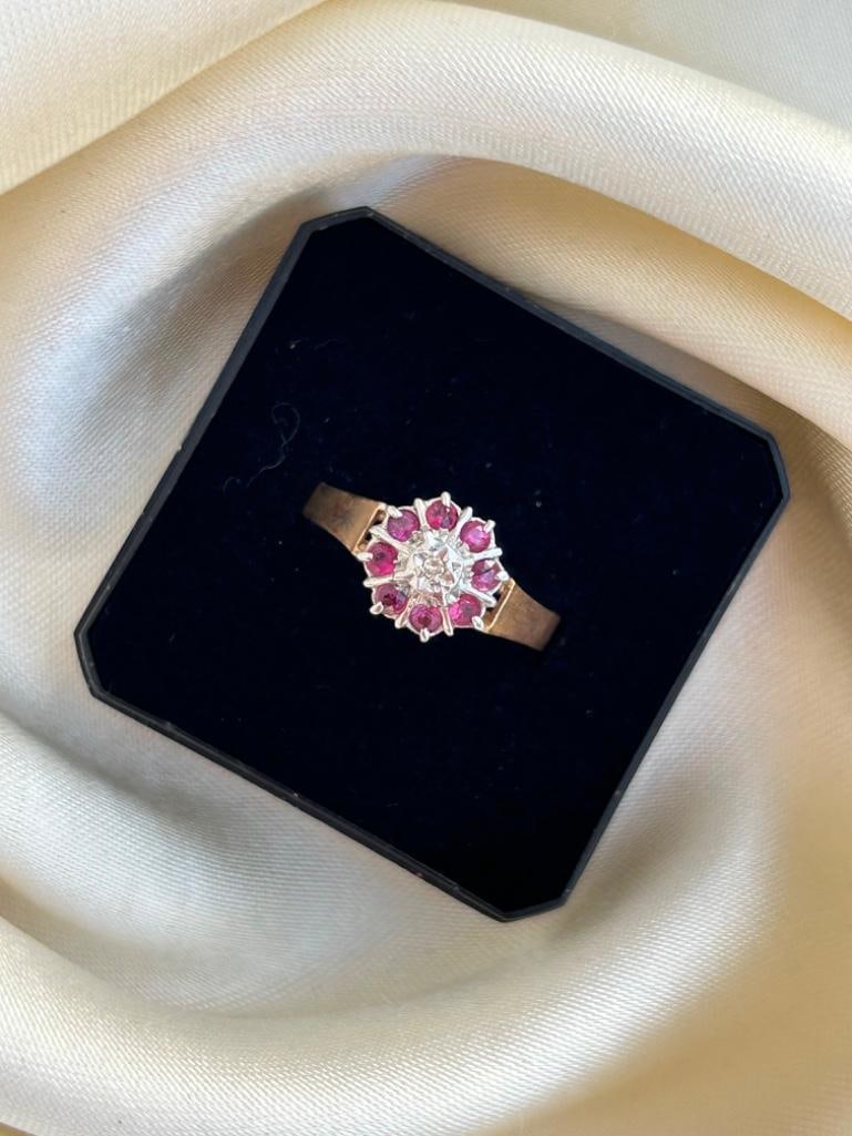 Sweet 9ct Gold Ruby and Diamond Flower Ring - 5