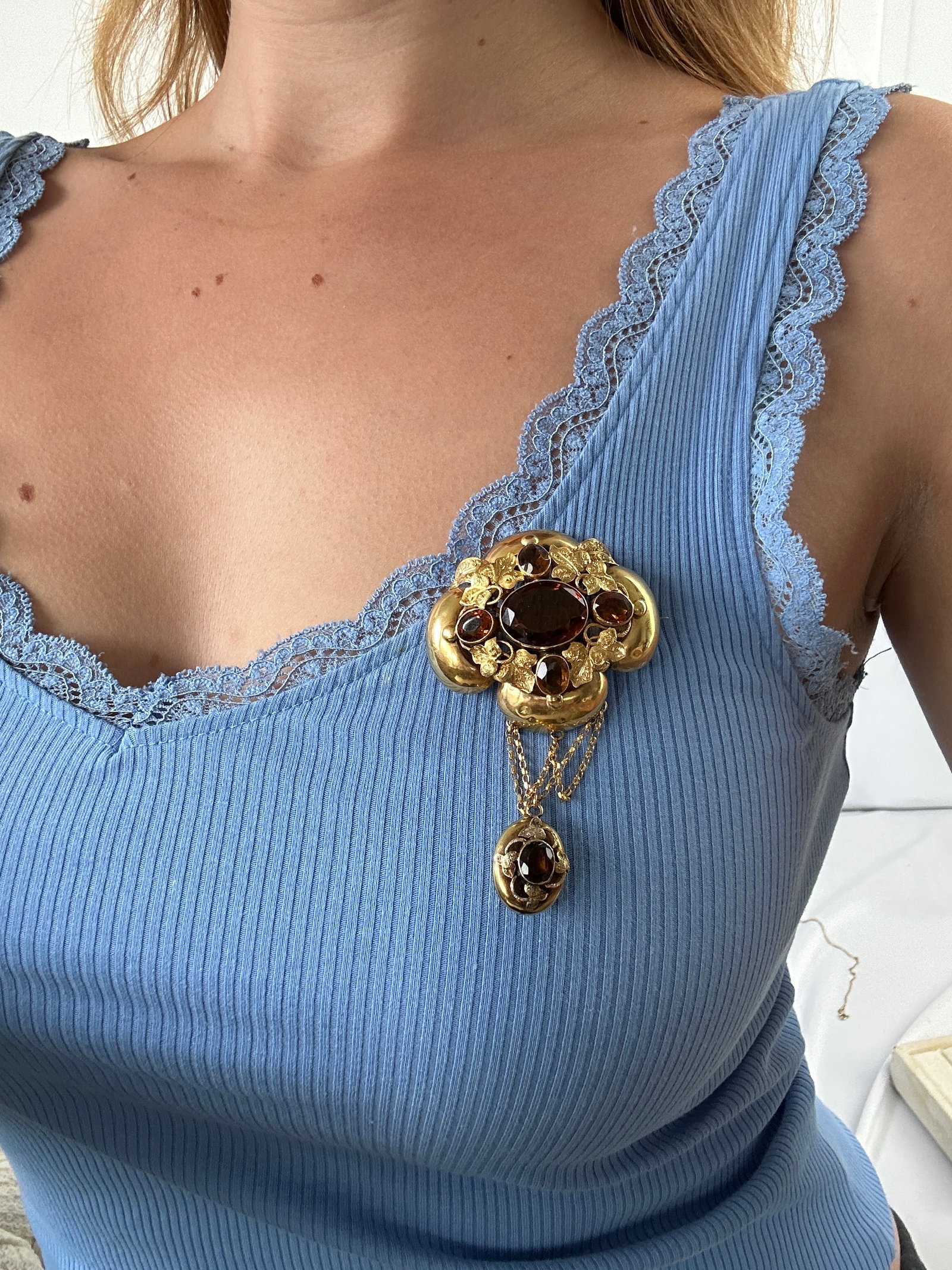 Giant Victorian Gold Citrine Drop Brooch with Locket Back - 8