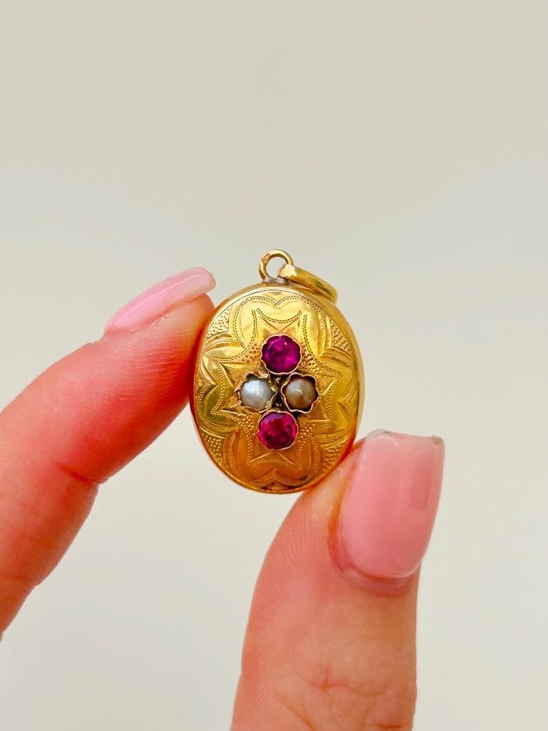 Antique 15ct Gold Pink Tourmaline and Pearl Pendant - 3