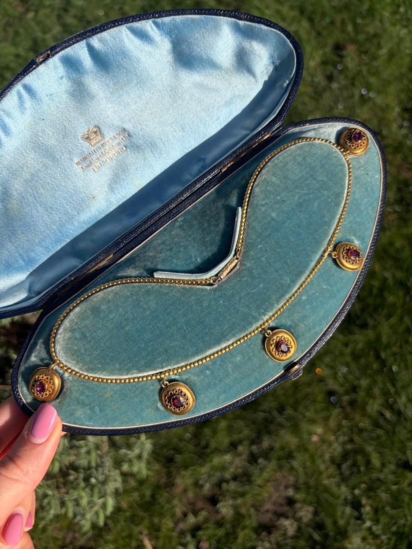 ANTIQUE ETRUSCAN REVIVAL ALMANDINE GARNET LOCKET BACK NECKLACE IN BOX - 7