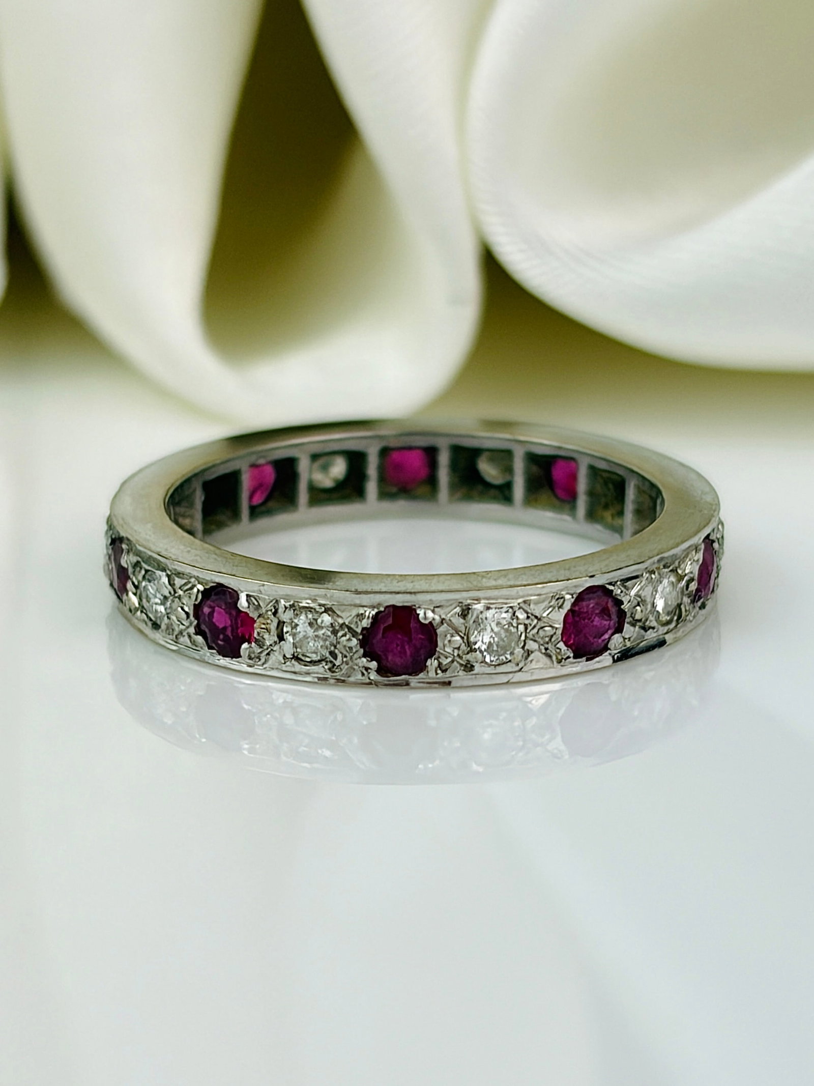 antique 18ct white gold ruby and diamond full eternity band ring - 2