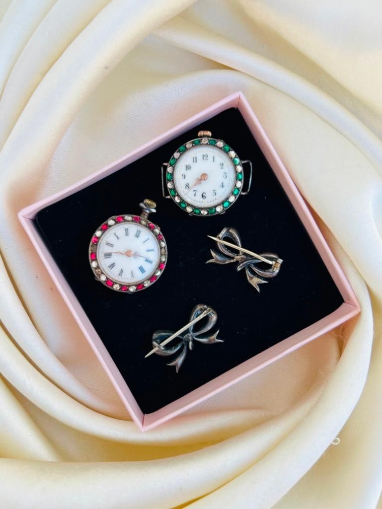 Two Gemset Pocket Watches and Matching Bow Brooches - 3