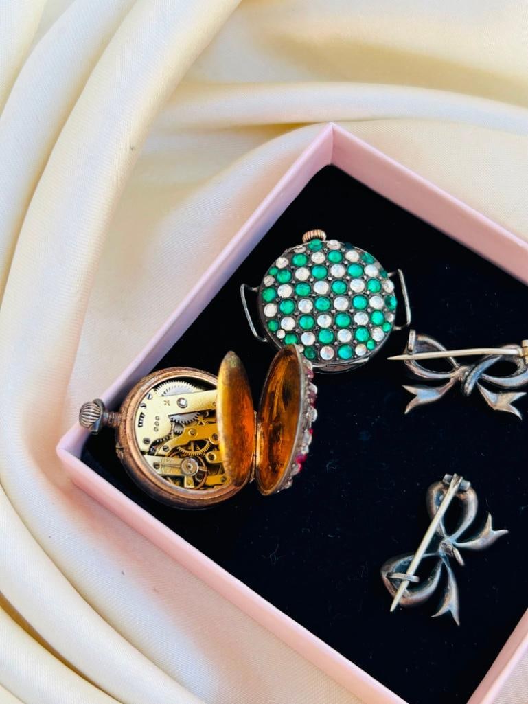 Two Gemset Pocket Watches and Matching Bow Brooches - 4