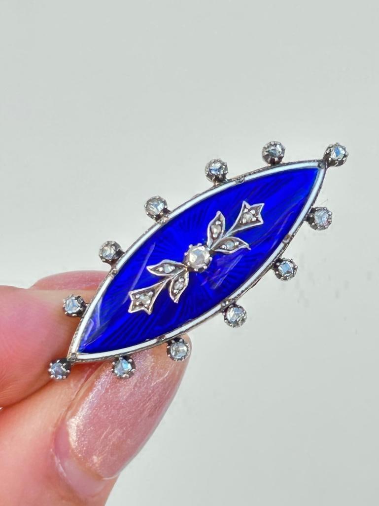 *Antique c.1860 Blue Enamel and Rose Cut Diamond Navette Shaped Brooch in Gold - 9