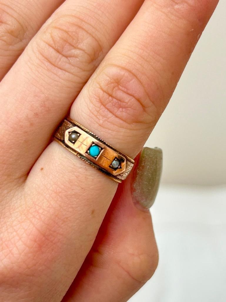Georgian Era Antique 18ct Yellow Gold Turquoise and Pearl Band Ring with Inscription - 2