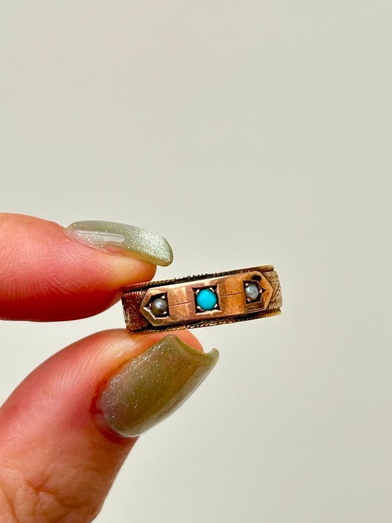 Georgian Era Antique 18ct Yellow Gold Turquoise and Pearl Band Ring with Inscription - 3