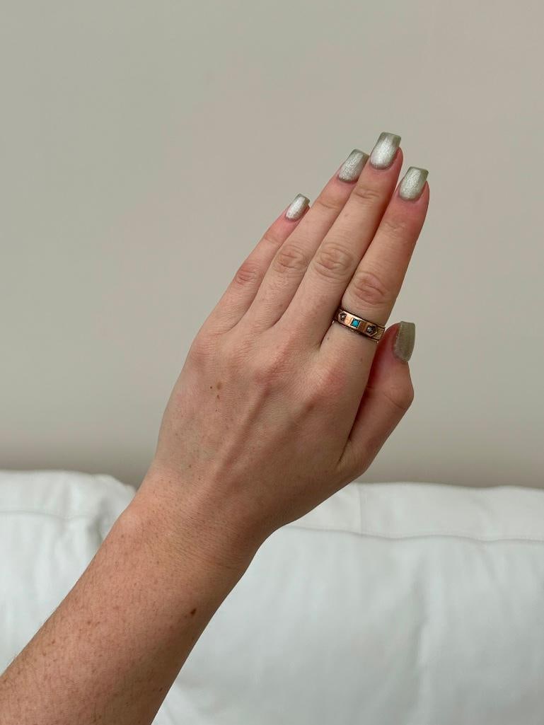 Georgian Era Antique 18ct Yellow Gold Turquoise and Pearl Band Ring with Inscription - 4