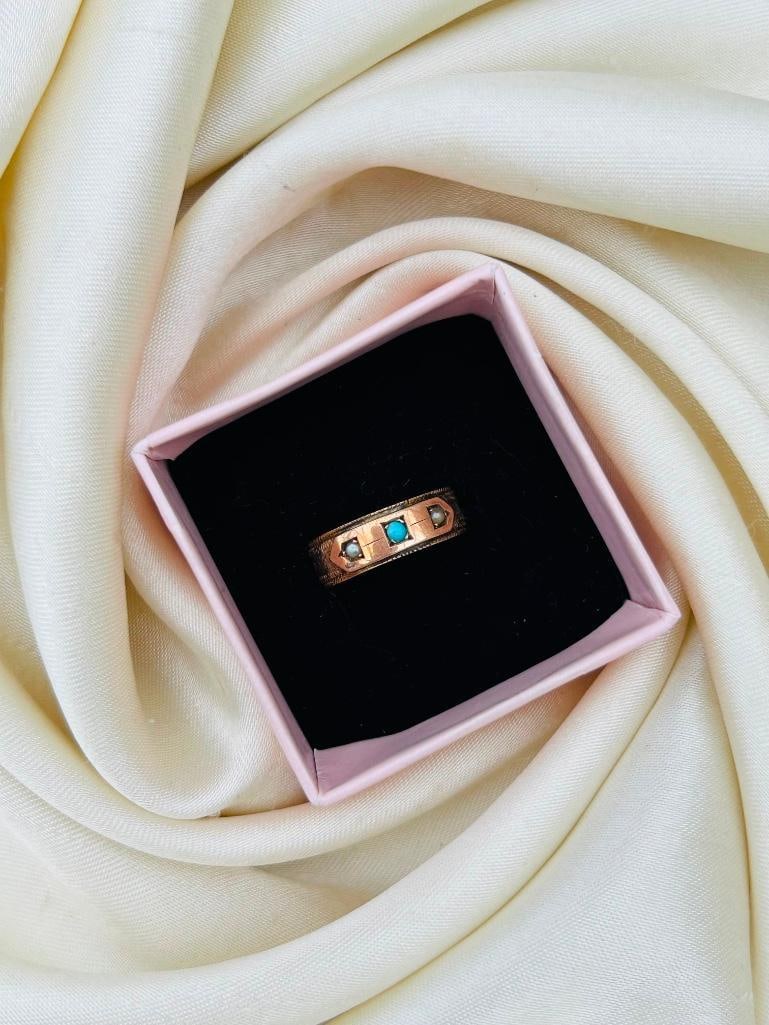 Georgian Era Antique 18ct Yellow Gold Turquoise and Pearl Band Ring with Inscription - 5