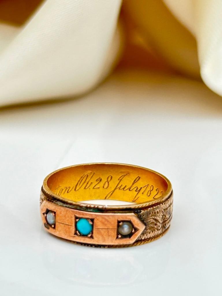Georgian Era Antique 18ct Yellow Gold Turquoise and Pearl Band Ring with Inscription - 7
