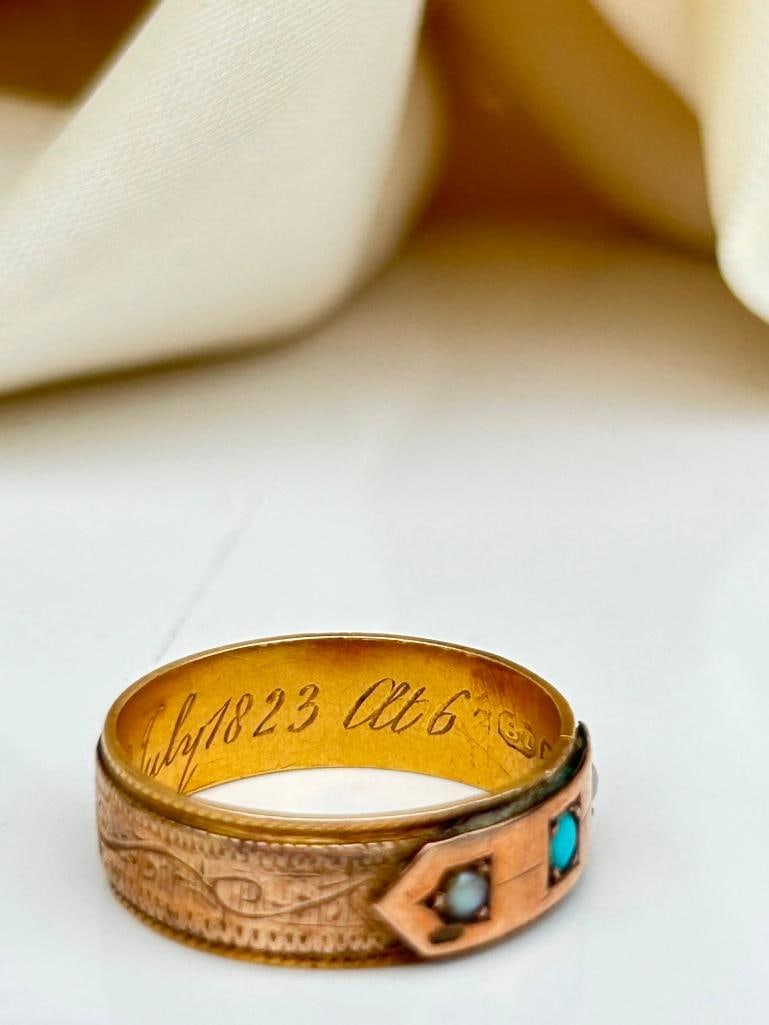 Georgian Era Antique 18ct Yellow Gold Turquoise and Pearl Band Ring with Inscription - 8