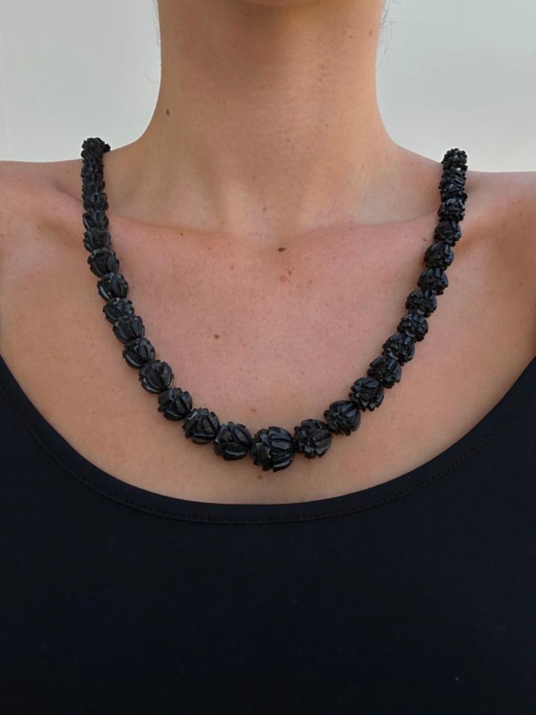 Antique Carved Jet Longguard Bead Necklace - 2