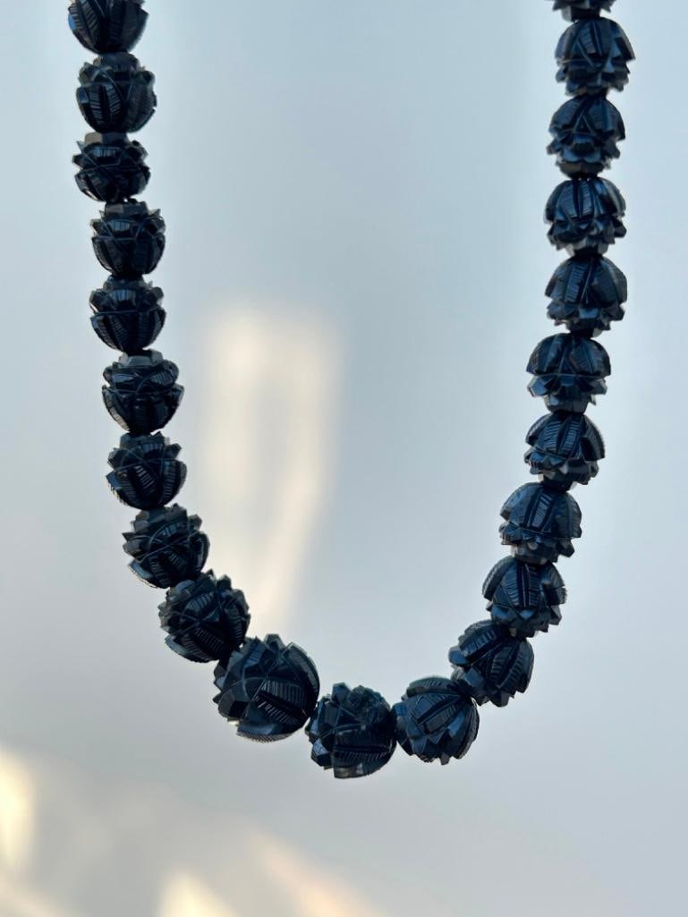 Antique Carved Jet Longguard Bead Necklace - 5