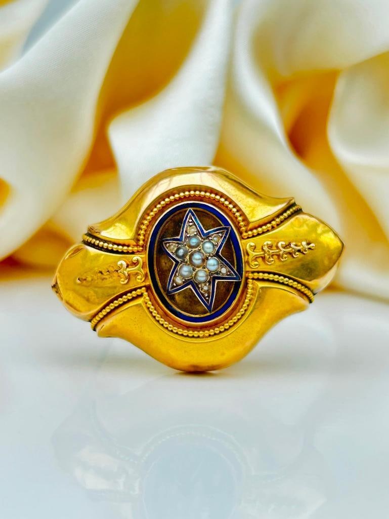 Heavy 15ct yellow gold enamel and pearl star brooch with locket back - 8