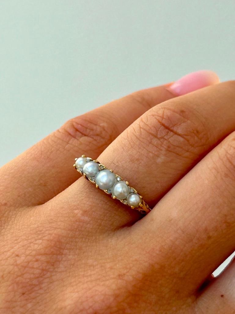 Antique 18ct Yellow Gold Pearl and Diamond 5 Stone Ring - 3