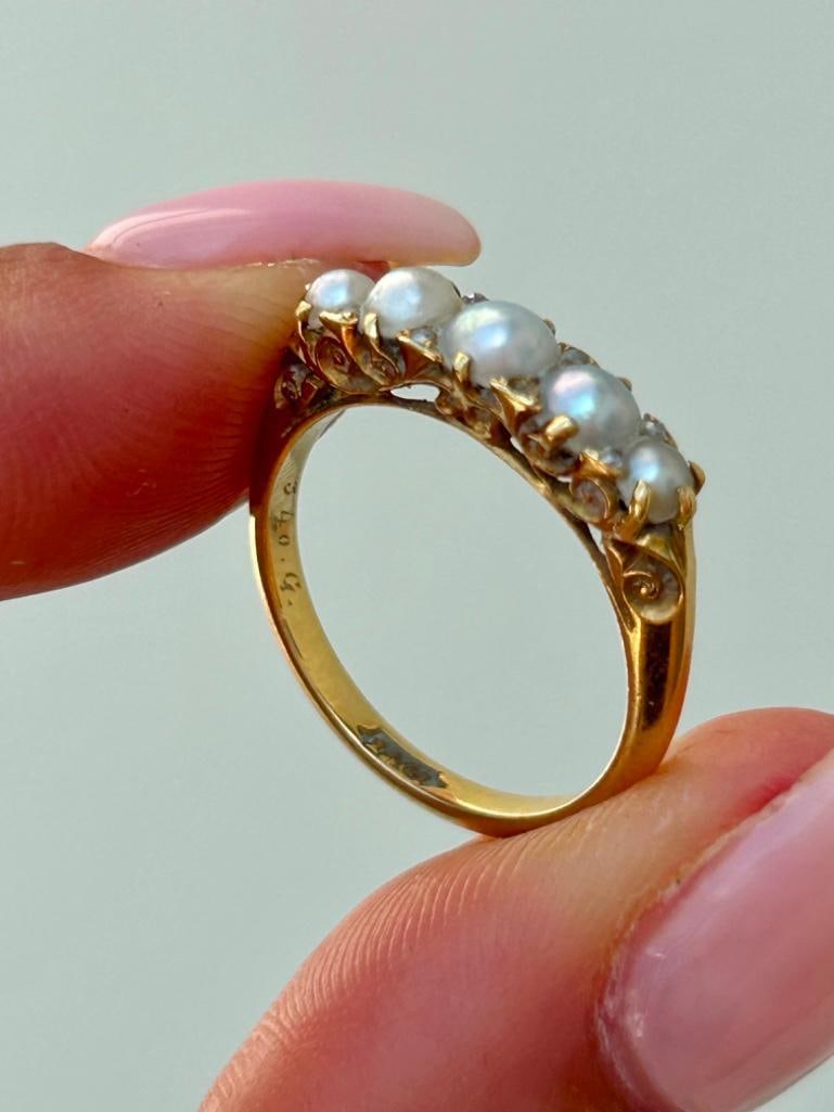 Antique 18ct Yellow Gold Pearl and Diamond 5 Stone Ring - 5